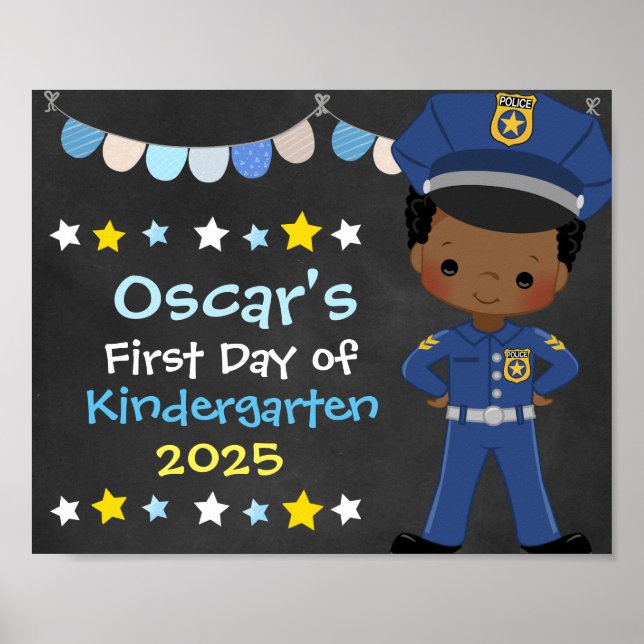 Boy Police Officer First Day of School Chalkboard Poster (Front)