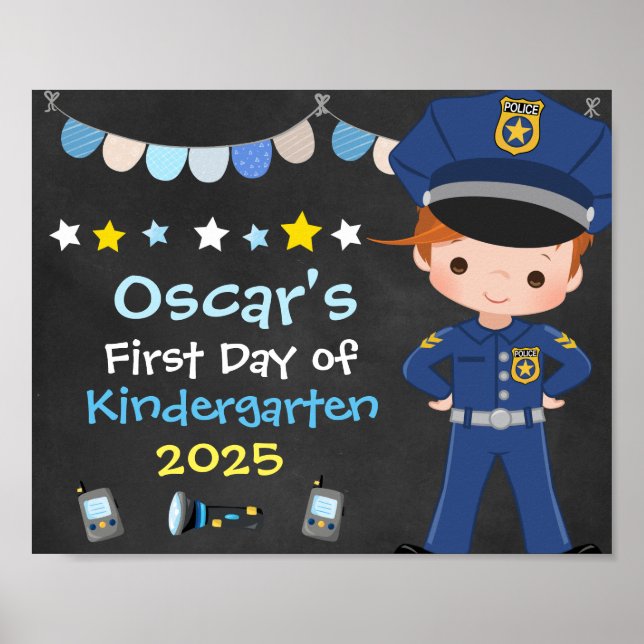 Boy Police Officer First Day of School Chalkboard Poster (Front)
