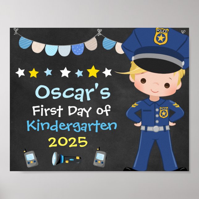 Boy Police Officer First Day of School Chalkboard Poster (Front)