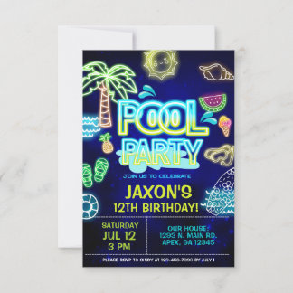 Boy Pool Birthday Bash, neon glow pool party. Invitation