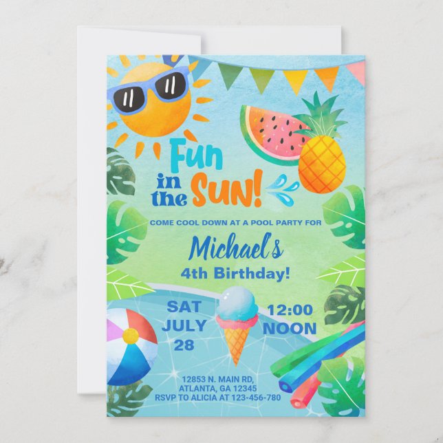 Boy pool party birthday invitation, pool bash. invitation (Front)