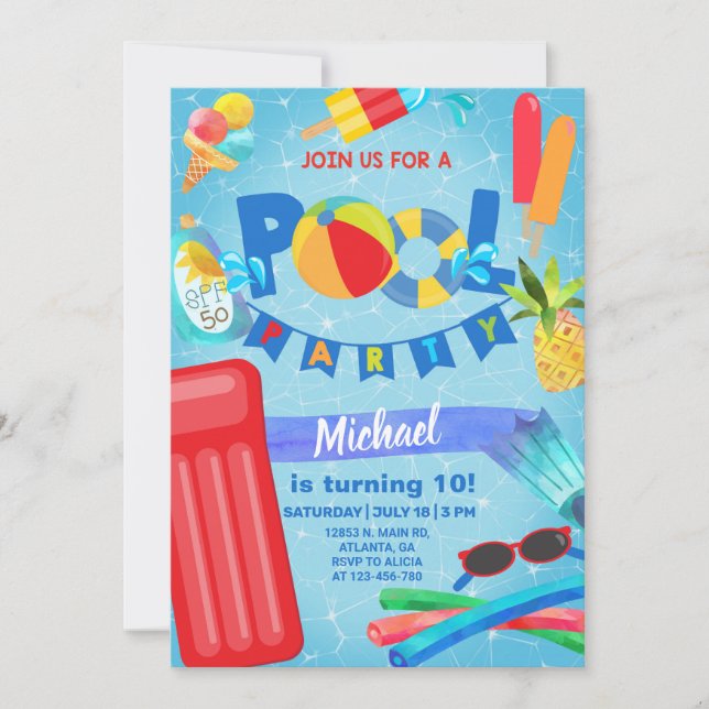 Boy pool party birthday invitation, pool invite. invitation (Front)