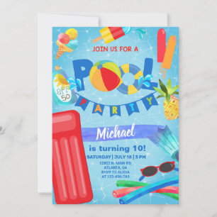 Boy pool party birthday invitation, pool invite. invitation