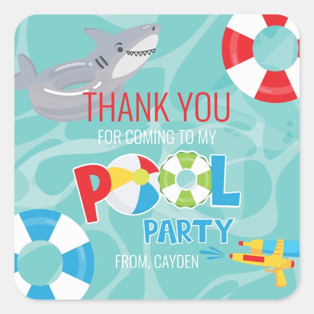 Boy Pool Party birthday shark thank you favour Square Sticker (Front)