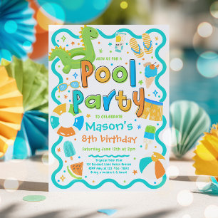 Boy Pool Party Summer Tropical Swimming Birthday Invitation