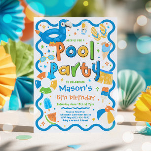 Boy Pool Party Summer Tropical Swimming Birthday Invitation