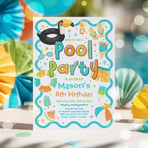 Boy Pool Party Summer Tropical Swimming Birthday Invitation
