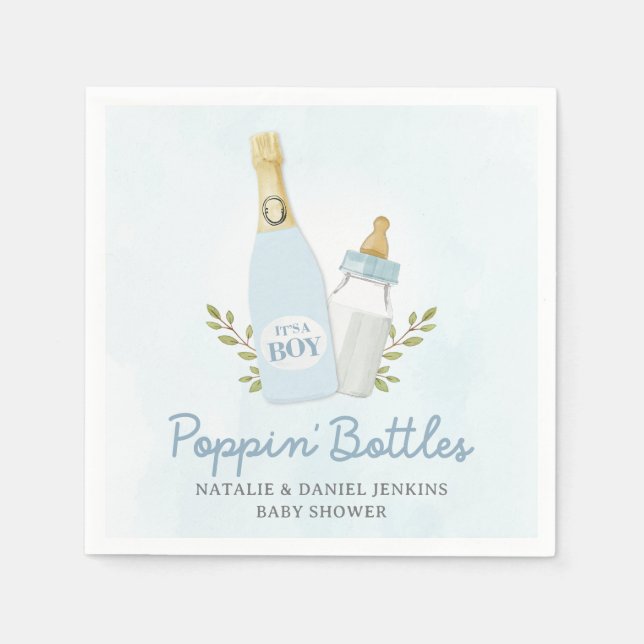 Boy Poppin Bottles Baby Shower Blue  Napkin (Front)