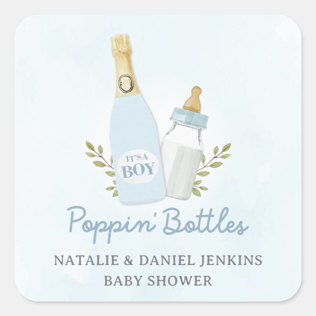Boy Poppin Bottles Baby Shower Blue  Square Sticker (Front)