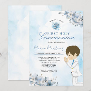 Boy Praying First Holy Communion Blue Floral Cross Invitation