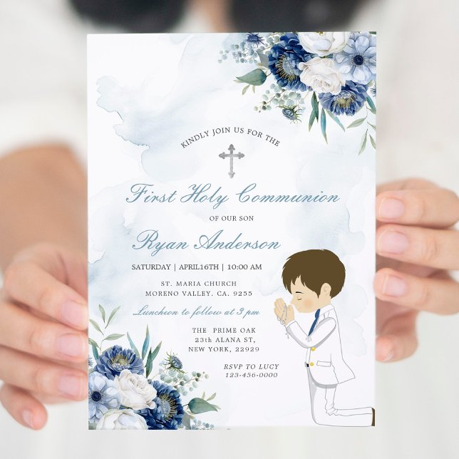 Boy Praying First Holy Communion Navy Blue Floral Invitation (Creator Uploaded)