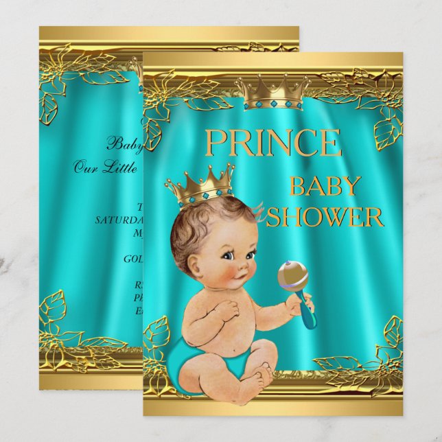 Boy Prince Baby Shower Aqua Teal Brunette baby Invitation (Front/Back)