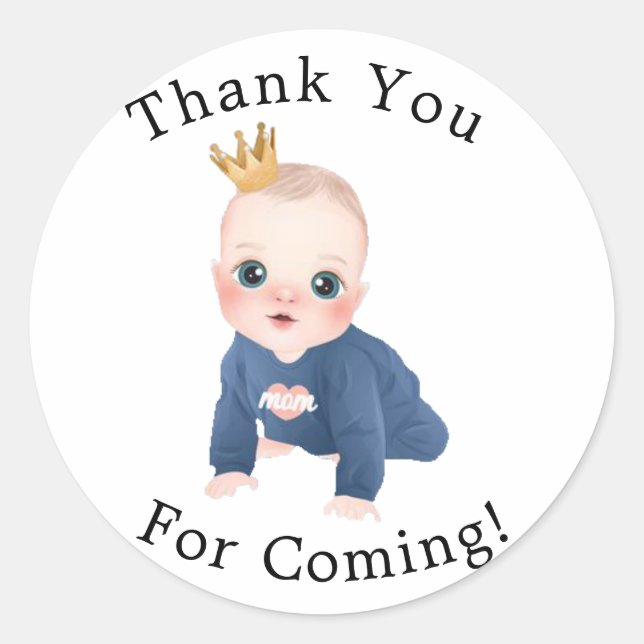 Boy Prince Cartoon Character Baby Shower  Classic Round Sticker (Front)