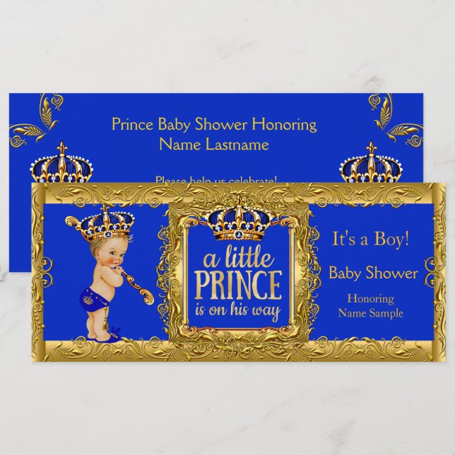 Boy Prince on his way Royal Blue Gold Blonde Boy Invitation (Front/Back)