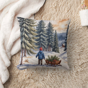 Boy Pulling a Sled With Christmas Evergreen Boughs Cushion
