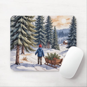 Boy Pulling a Sled With Christmas Evergreen Boughs Mouse Mat