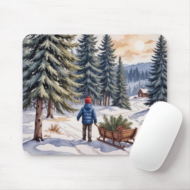 Boy Pulling a Sled With Christmas Evergreen Boughs Mouse Mat (With Mouse)