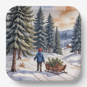 Boy Pulling a Sled With Christmas Evergreen Boughs Paper Plate