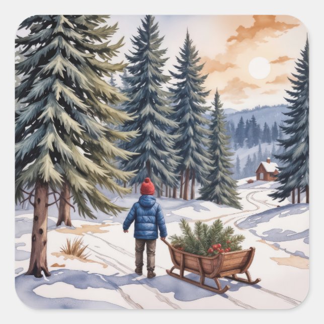 Boy Pulling a Sled With Christmas Evergreen Boughs Square Sticker (Front)