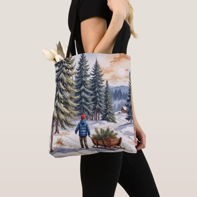 Boy Pulling a Sled With Christmas Evergreen Boughs Tote Bag (Close Up)