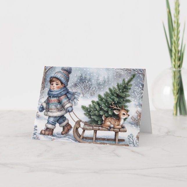 Boy Pulling An Old-fashioned Sled Holiday Card (Front)