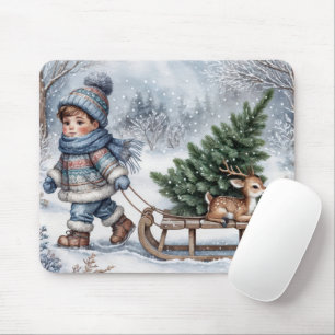 Boy Pulling an Old-fashioned Sled With Tree Mouse Mat