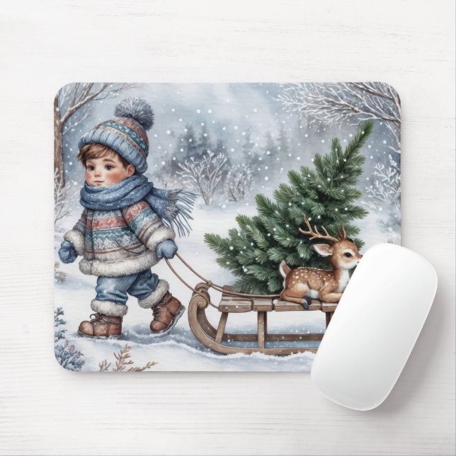 Boy Pulling an Old-fashioned Sled With Tree Mouse Mat (With Mouse)