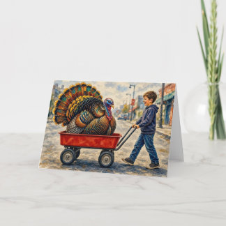 Boy Pulls Turkey in Red Wagon, Card