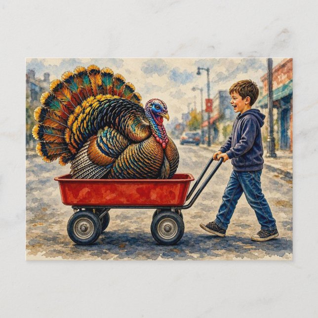 Boy Pulls Turkey in Red Wagon,  Postcard (Front)