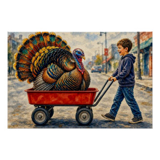 Boy Pulls Turkey in Red Wagon, Poster