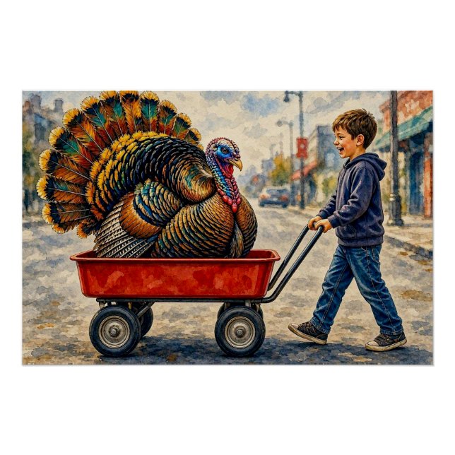 Boy Pulls Turkey in Red Wagon,  Poster (Front)