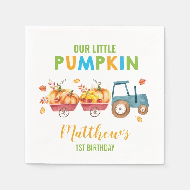 Boy Pumpkin 1st Birthday Blue Harvest Truck Napkin (Front)