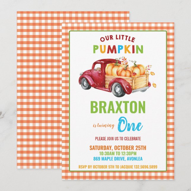 Boy Pumpkin 1st Birthday Party Red Harvest Truck Invitation (Front/Back)