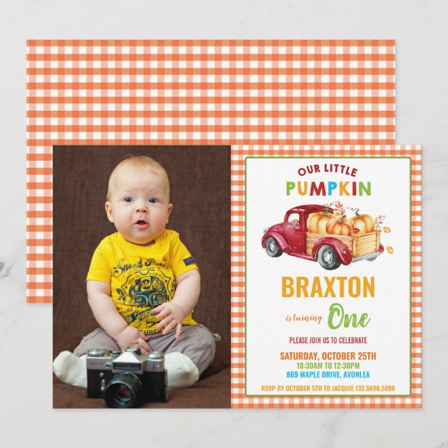 Boy Pumpkin 1st Birthday Party Red Truck Photo Invitation (Front/Back)