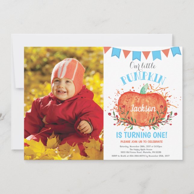 Boy Pumpkin Birthday Invitation Orange and Blue (Front)