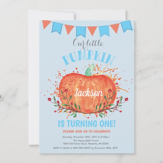 Boy Pumpkin Birthday Invitation Orange and Blue (Front)