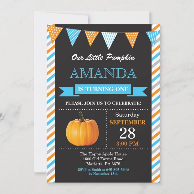 Boy Pumpkin Birthday Invitation Orange and Blue (Front)