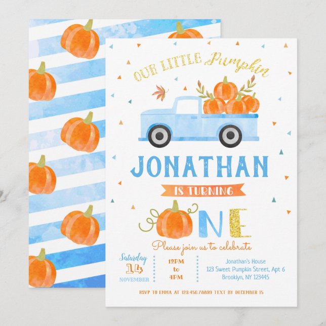 Boy Pumpkin Blue Truck 1st Birthday Invitation  (Front/Back)