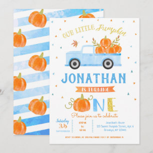 Boy Pumpkin Blue Truck 1st Birthday Invitation 