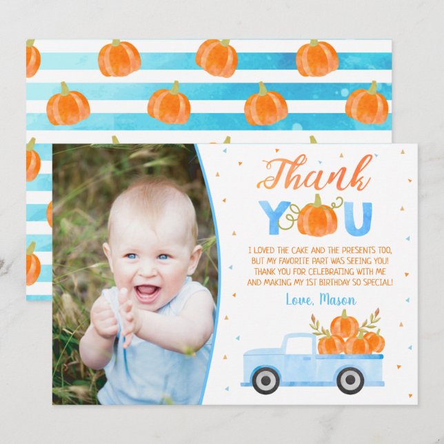 Boy Pumpkin Blue Truck Birthday Thank You Cards (Front/Back)