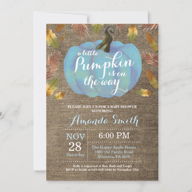 Boy Pumpkin Fall Baby Shower Blue and Burlap Invitation (Front)
