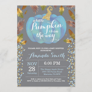 Boy Pumpkin Fall Baby Shower Gold Glitter Blue Invitation