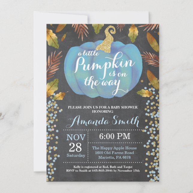 Boy Pumpkin Fall Baby Shower Gold Glitter Invitation (Front)