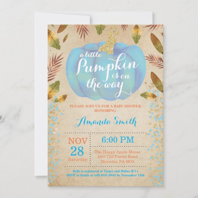 Boy Pumpkin Fall Baby Shower Invitation Gold (Front)