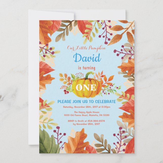 Boy Pumpkin Fall Birthday Invitation (Front)