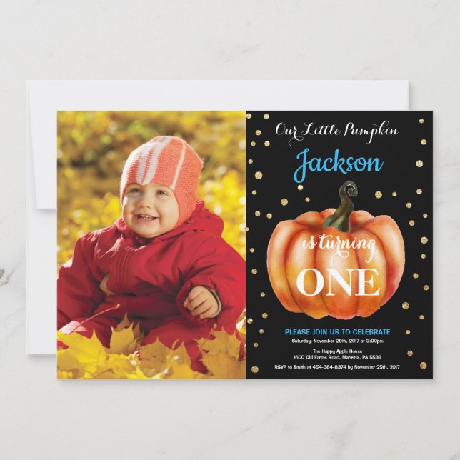 Boy Pumpkin Fall Birthday Invitation Gold (Front)