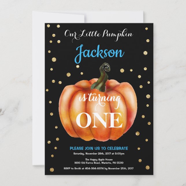 Boy Pumpkin Fall Birthday Invitation Gold (Front)