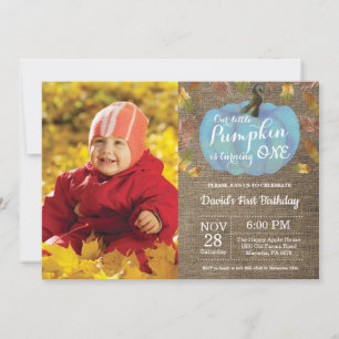 Boy Pumpkin First Birthday Invitation Blue
