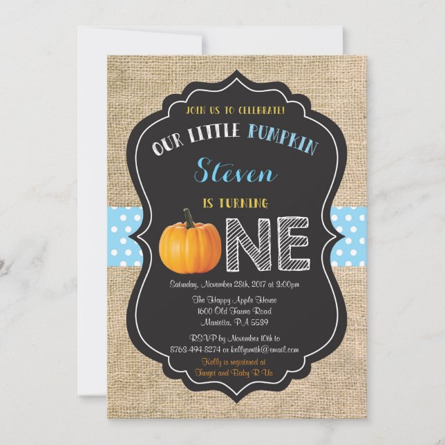 Boy Pumpkin First Birthday Invitation Burlap (Front)