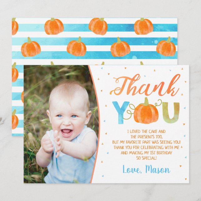 Boy Pumpkin First Birthday Thank You Cards (Front/Back)